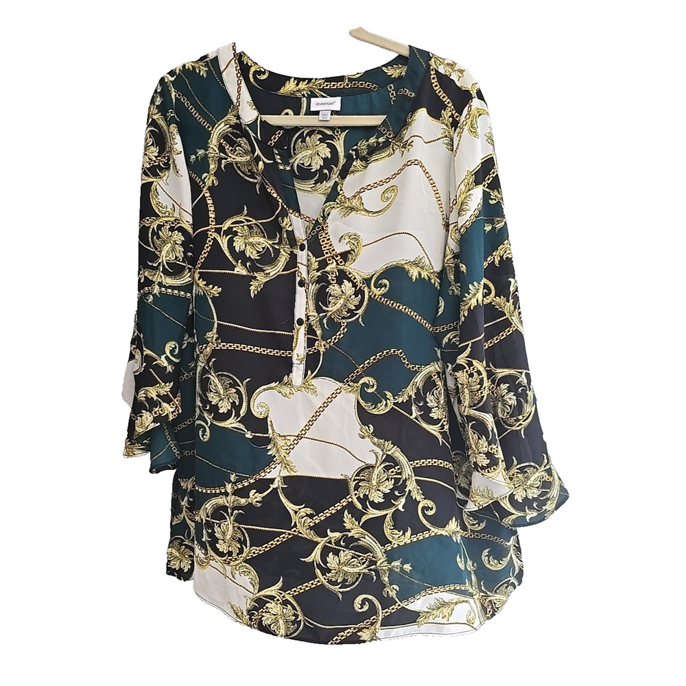 Avenue Green White Chain Damask Chiffon Flutter Sleeve Top Womans Size‎ 18/20